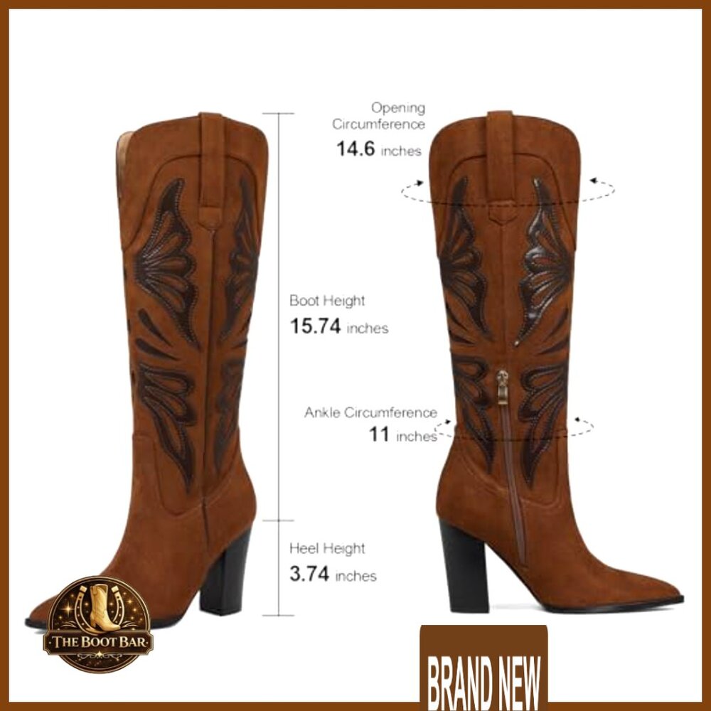 Pointed Toe Cowboy Boots Chunky Heel Knee High Wide Calf Western Elegant - Picture 6 of 7